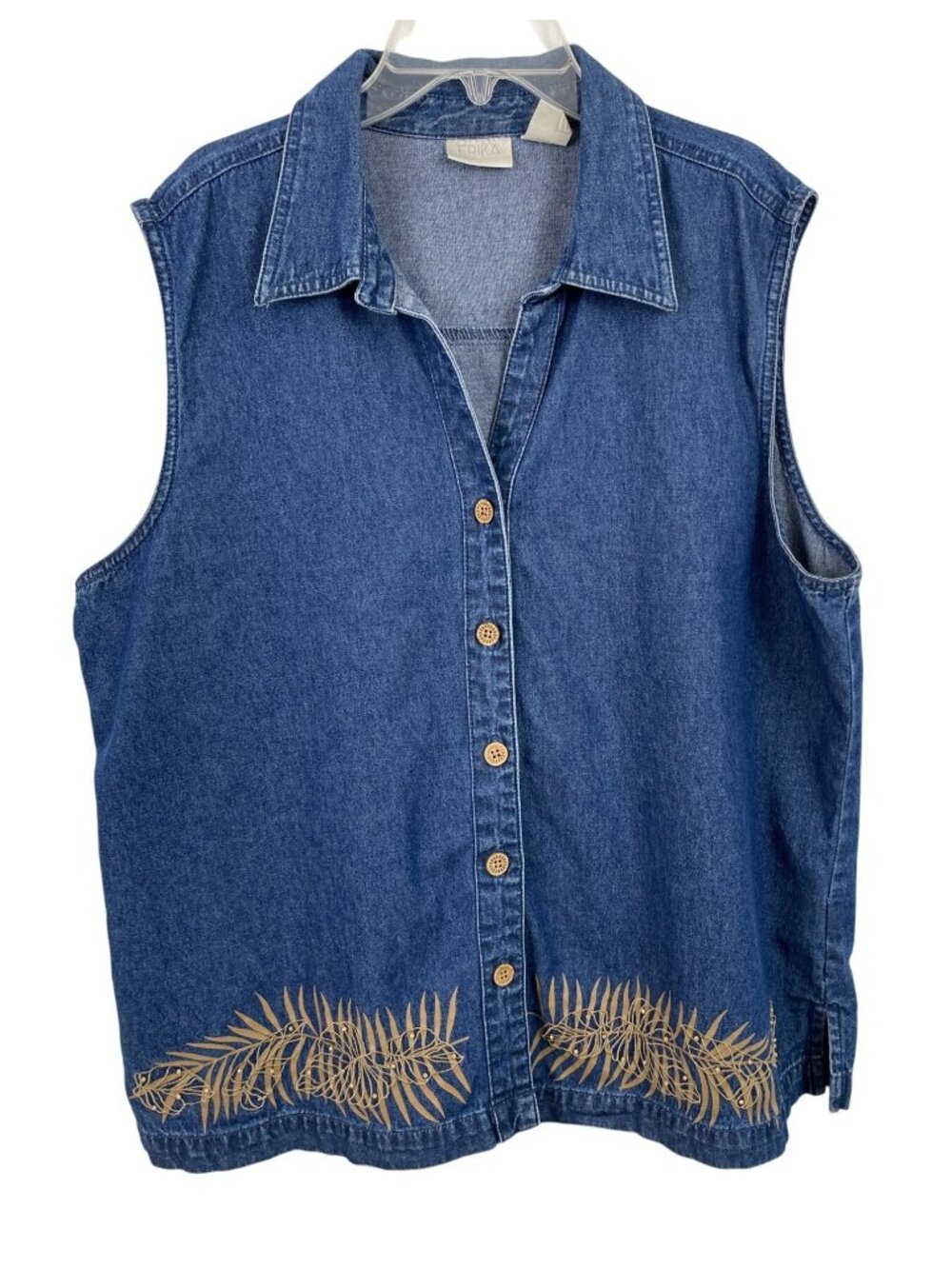Sleeveless Blue Denim Vest Embroidered Gold Leaf Accents By Erika Womens Size XL